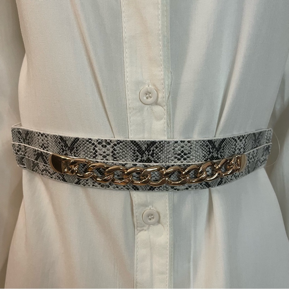 White faux leather snake print elastic waistband chained skinny belt